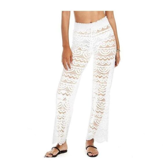 1414 Miken Ladies Crochet Cover drawstring pants WHITE sz L new - Picture 1 of 1